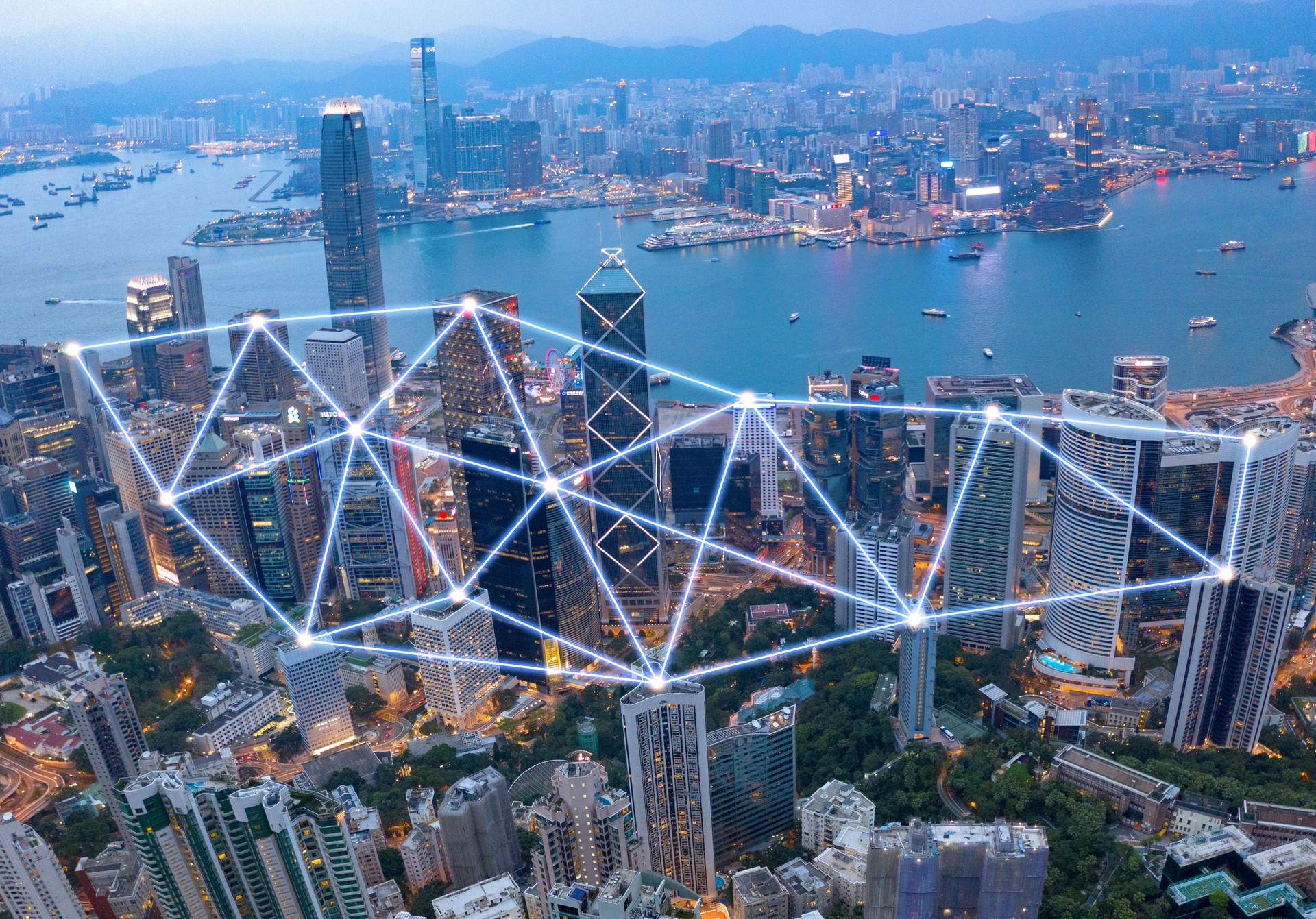 5G connected Hong Kong skyline cityscape